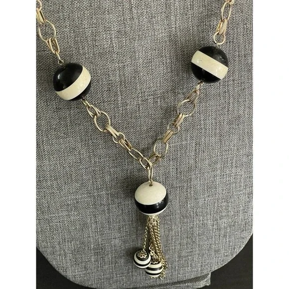 MCM VINTAGE ART DECO BLACK WHITE STRIPED BEAD RETRO TASSEL NECKLACE 36” - Picture 3 of 9